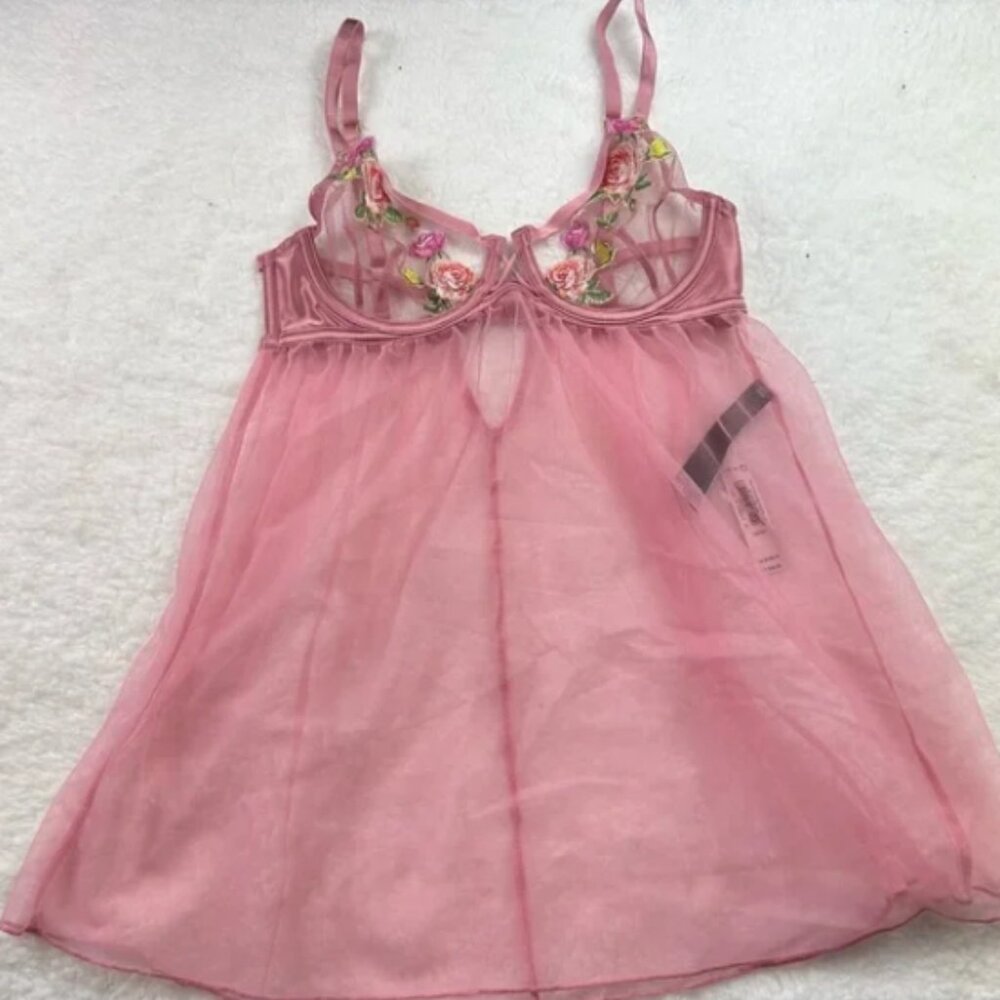 Victorias Secret Pink Rose Embroidered Baby Doll Lingerie